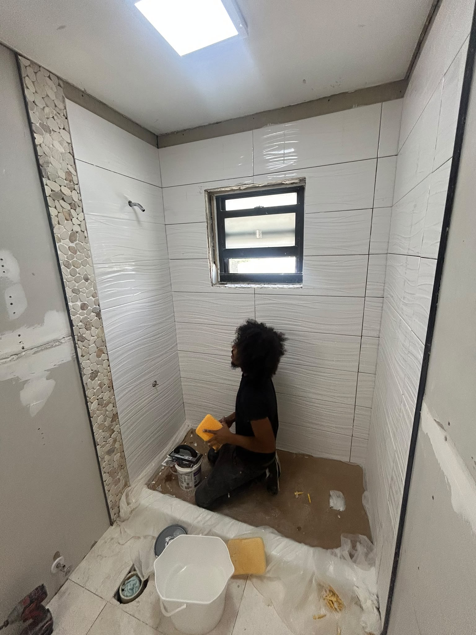 Tile shower installation in progress